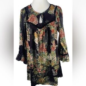 Uncle Frank Boho Black floral dress-velvet trim- sz S-Made in USA